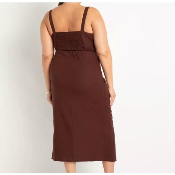 Eloquii NWT Buckle Front Linen Blend Dress Warm Chocolate Brown Slit Sz 22 - Picture 5 of 5